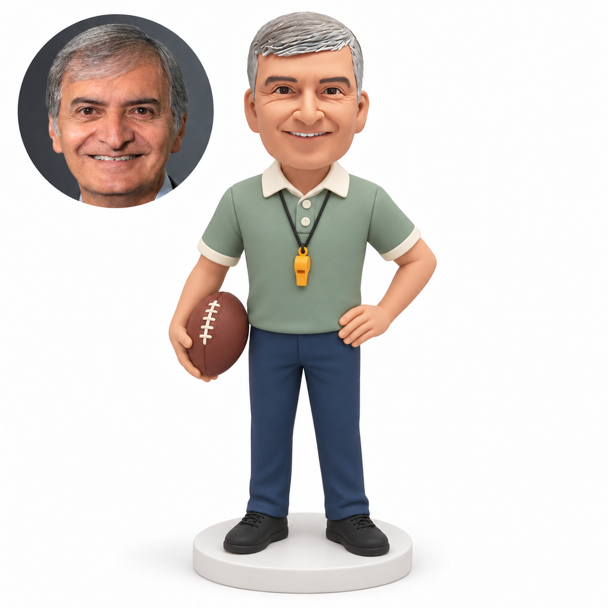 custom bobblehead figure male football player holding a ball at his hip with his other palm resting on his hip