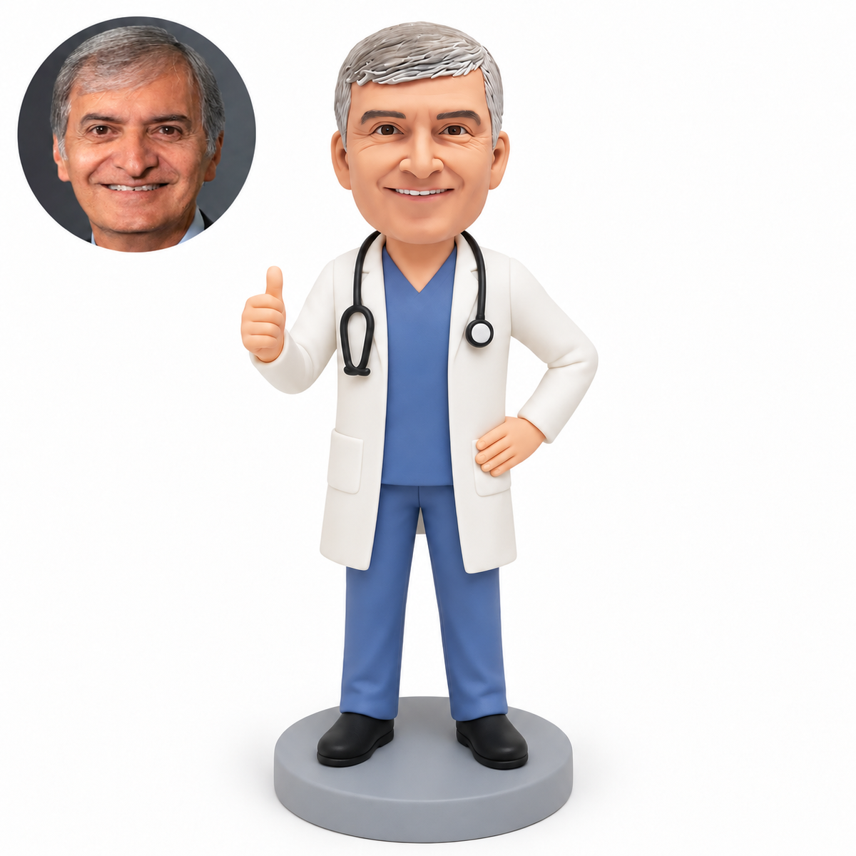 custom bobblehead figure male doctor giving a thumbs up with his other palm resting on his hip