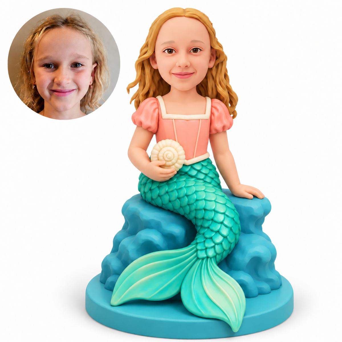 custom bobblehead figure girl mermaid holding a seashell while seated on a rock