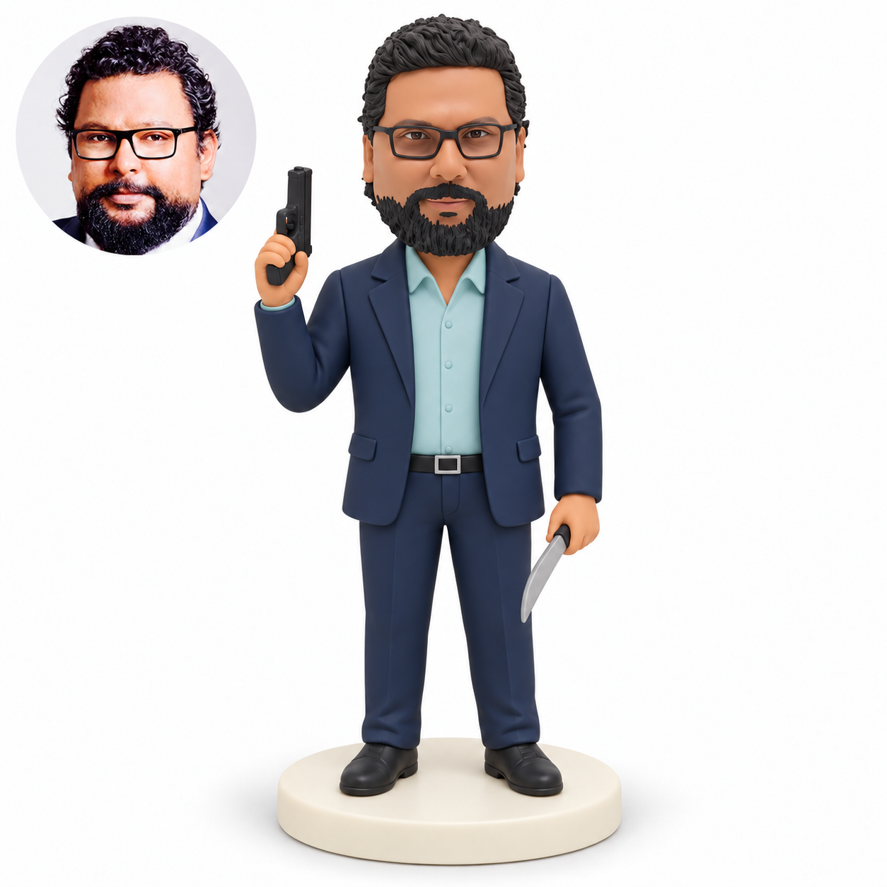 custom bobblehead figure man holding a miniature pistol prop and a curved knife prop