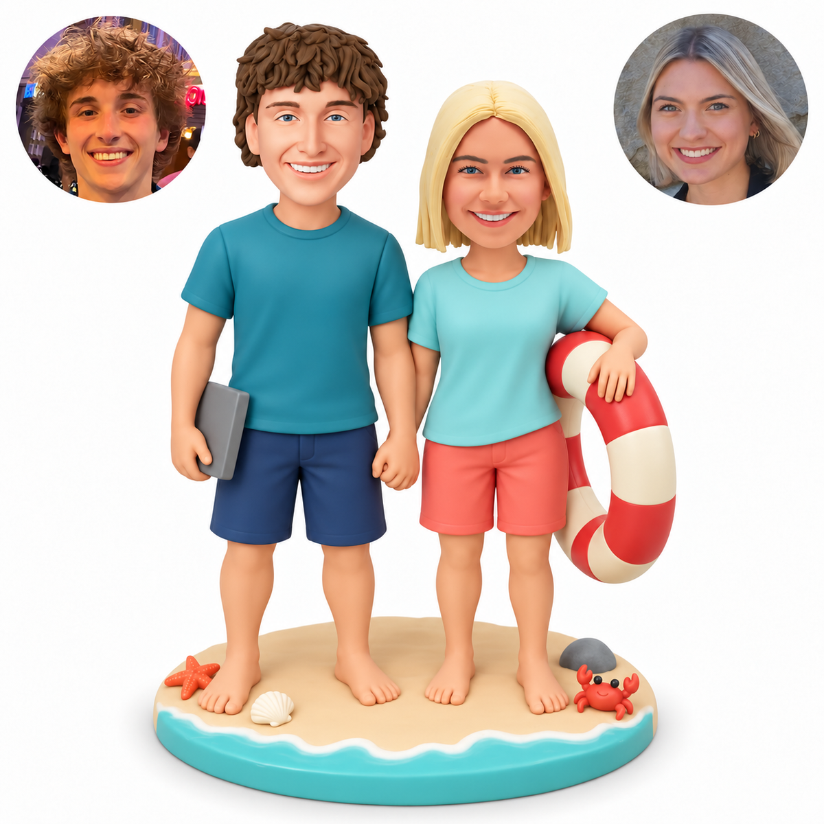 custom bobbleheads figures beach couple holding hands with a swim ring and a flat rectangular accessory