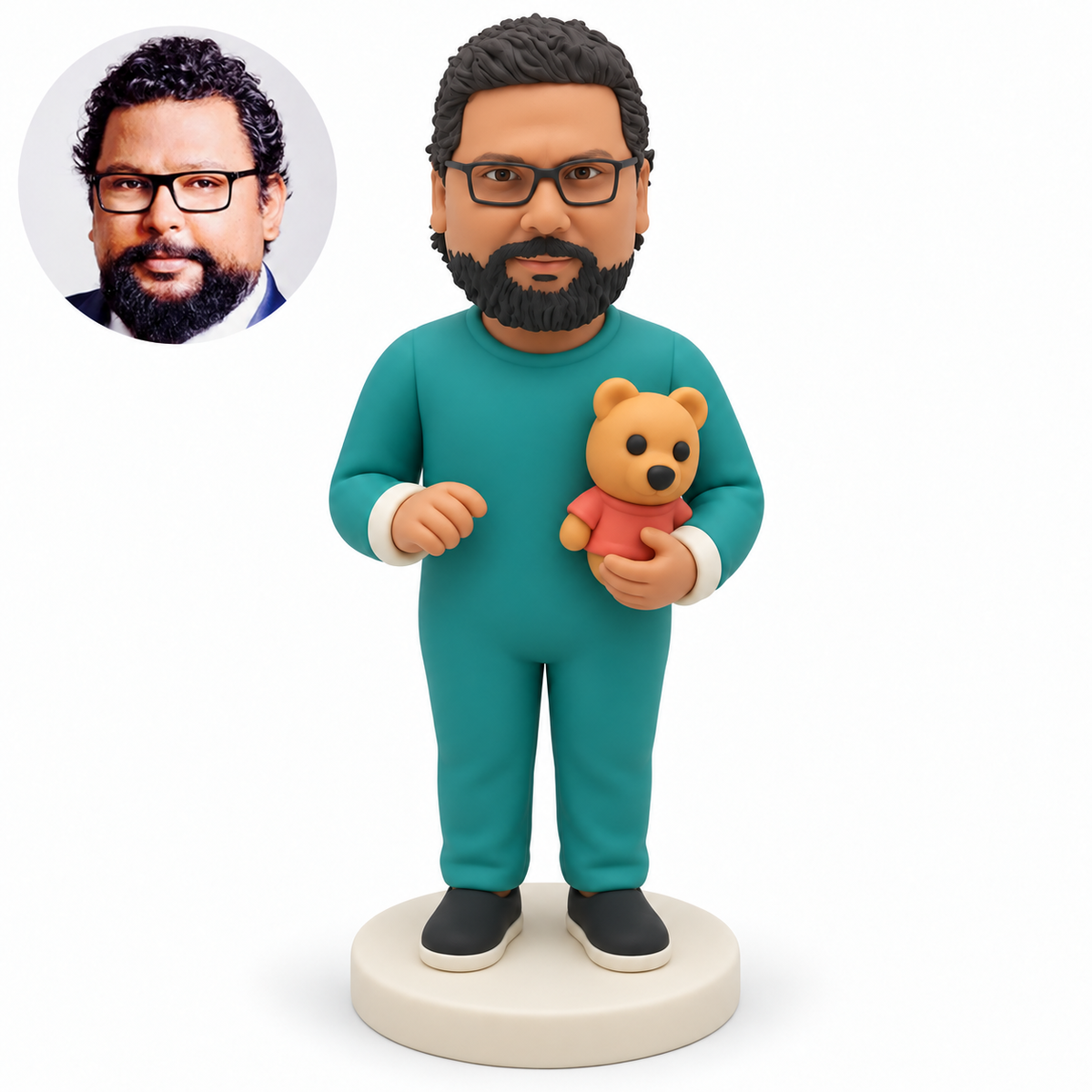 custom bobblehead figure man in a long-sleeved onesie holding one toy bear with his other hand empty in front