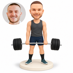 custom bobblehead figure male weightlifter standing with both arms extended to hold a low barbell