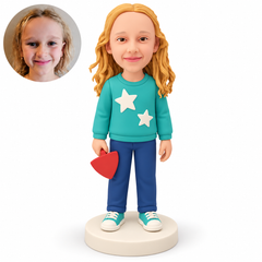 custom bobblehead figure girl standing with a small red fan-shaped toy in one hand and her other arm down
