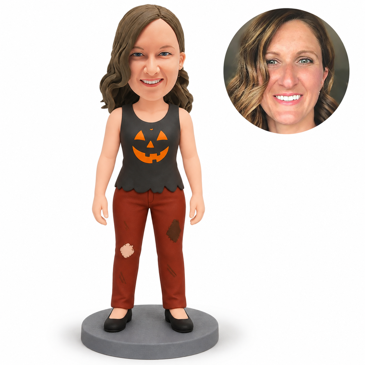MGA-AC1643 woman in Halloween pumpkin tank and patched trousers