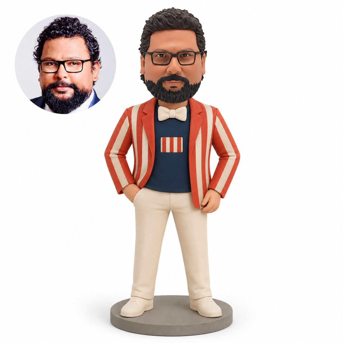 Custom polymer clay bobblehead man in striped blazer and bow tie with one hand in trouser pocket, with matching portrait