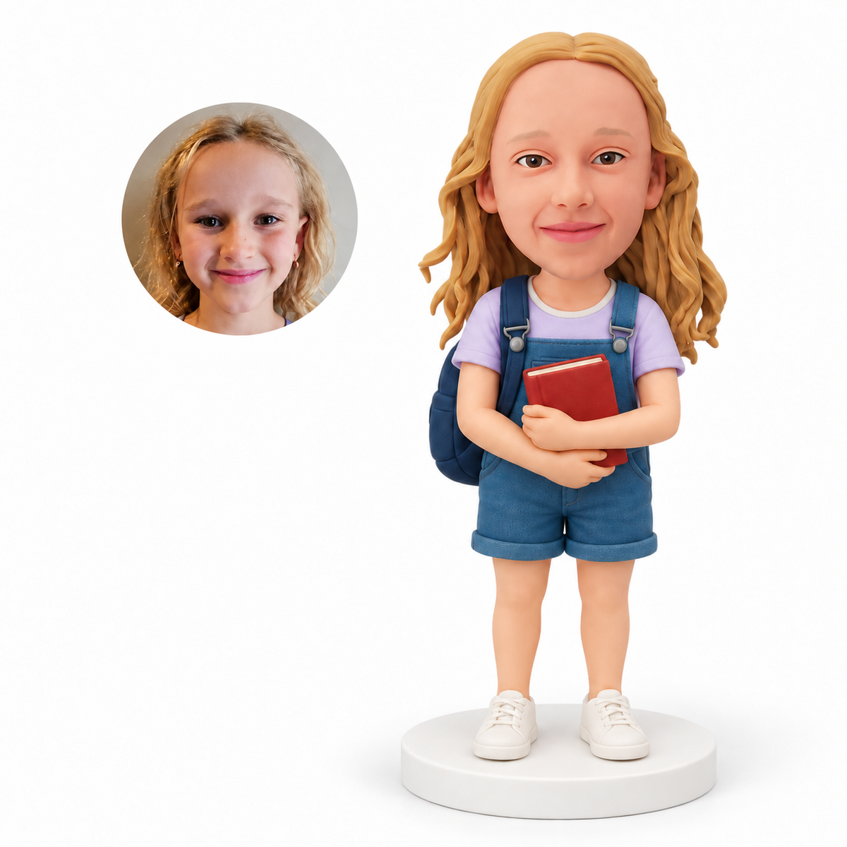 custom bobblehead figure schoolgirl in short overalls holding a book with a backpack