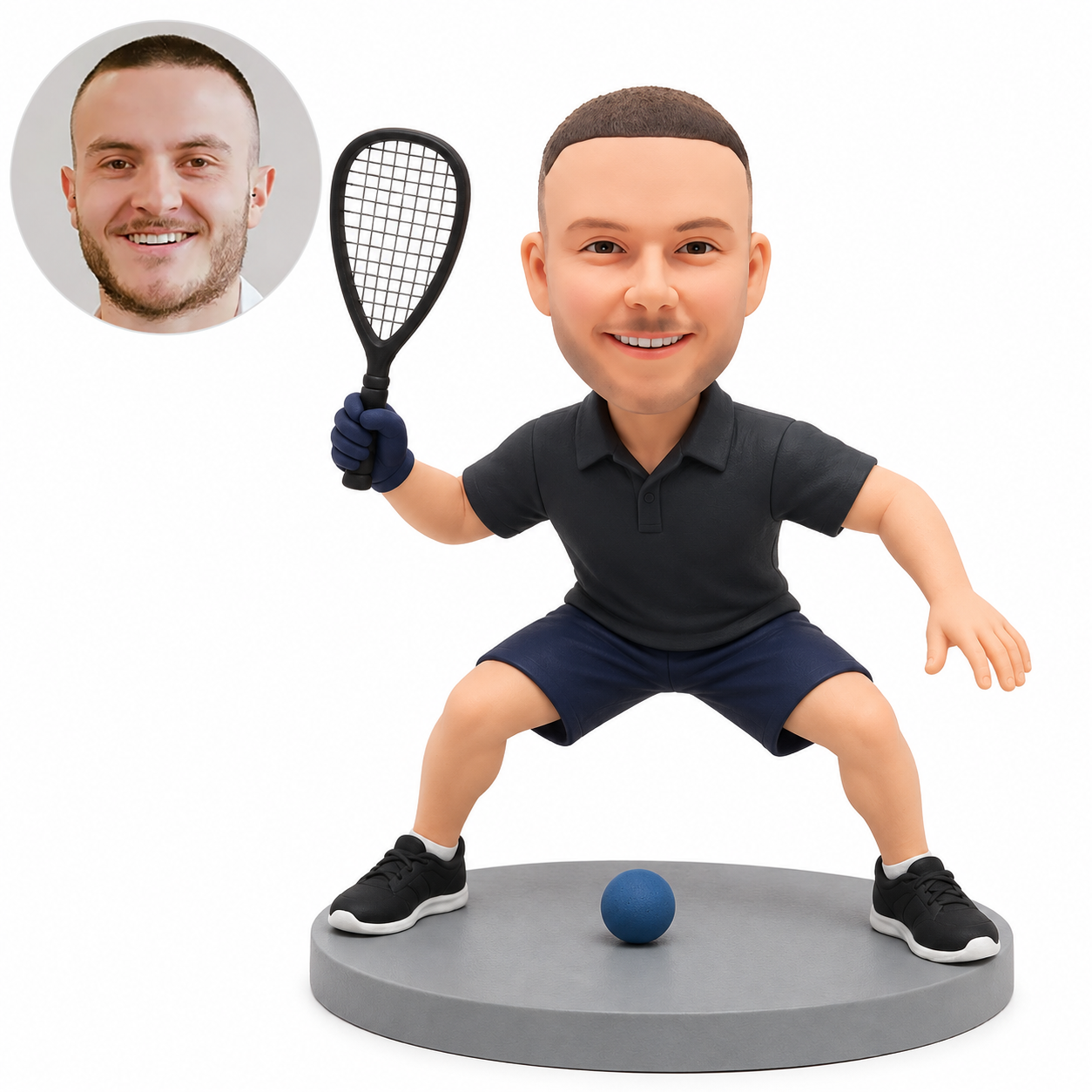 Custom clay bobblehead male racquetball player in wide defensive crouch