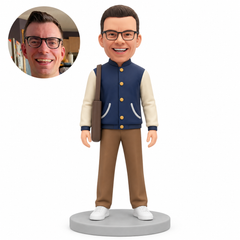 Custom bobblehead man in a two-tone varsity jacket with a shoulder bag