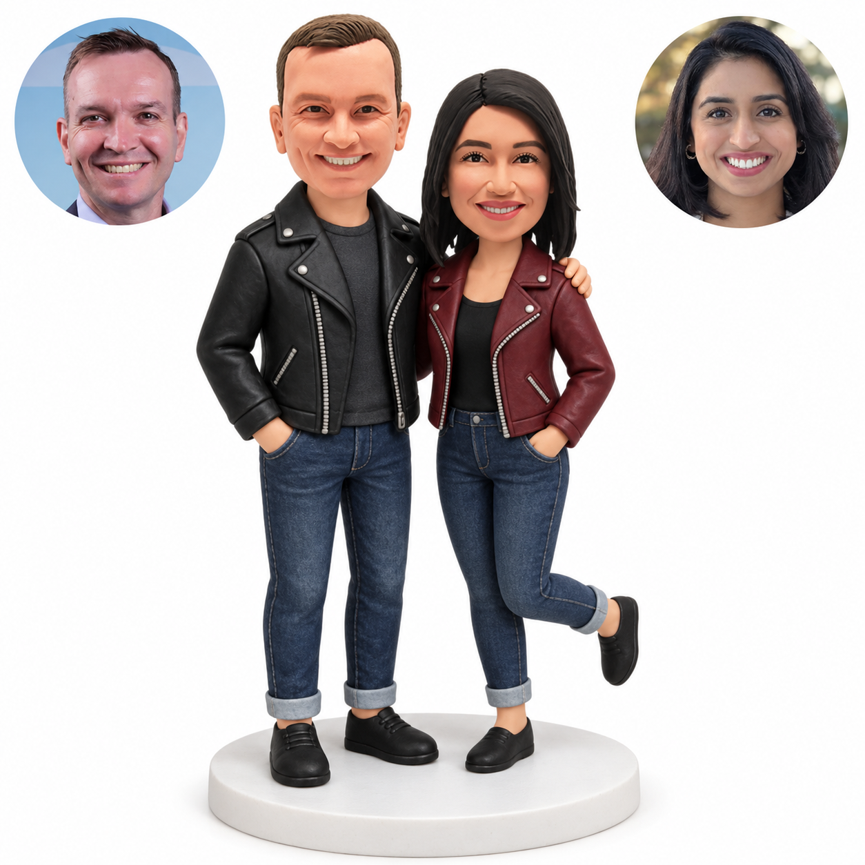 custom bobblehead figures leather jacket couple with hands in pockets and one foot lifted