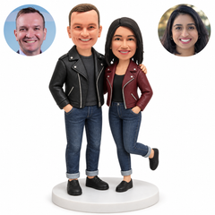 custom bobblehead figures leather jacket couple with hands in pockets and one foot lifted