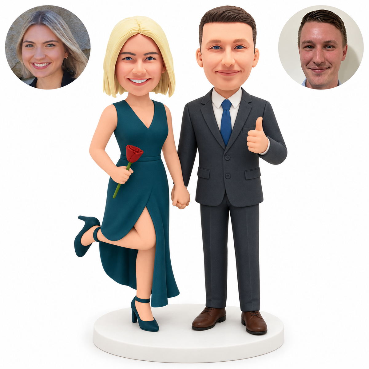 Custom Bobblehead Figures Formal Couple Holding Hands With Rose, Thumbs Up And One Foot Lifted