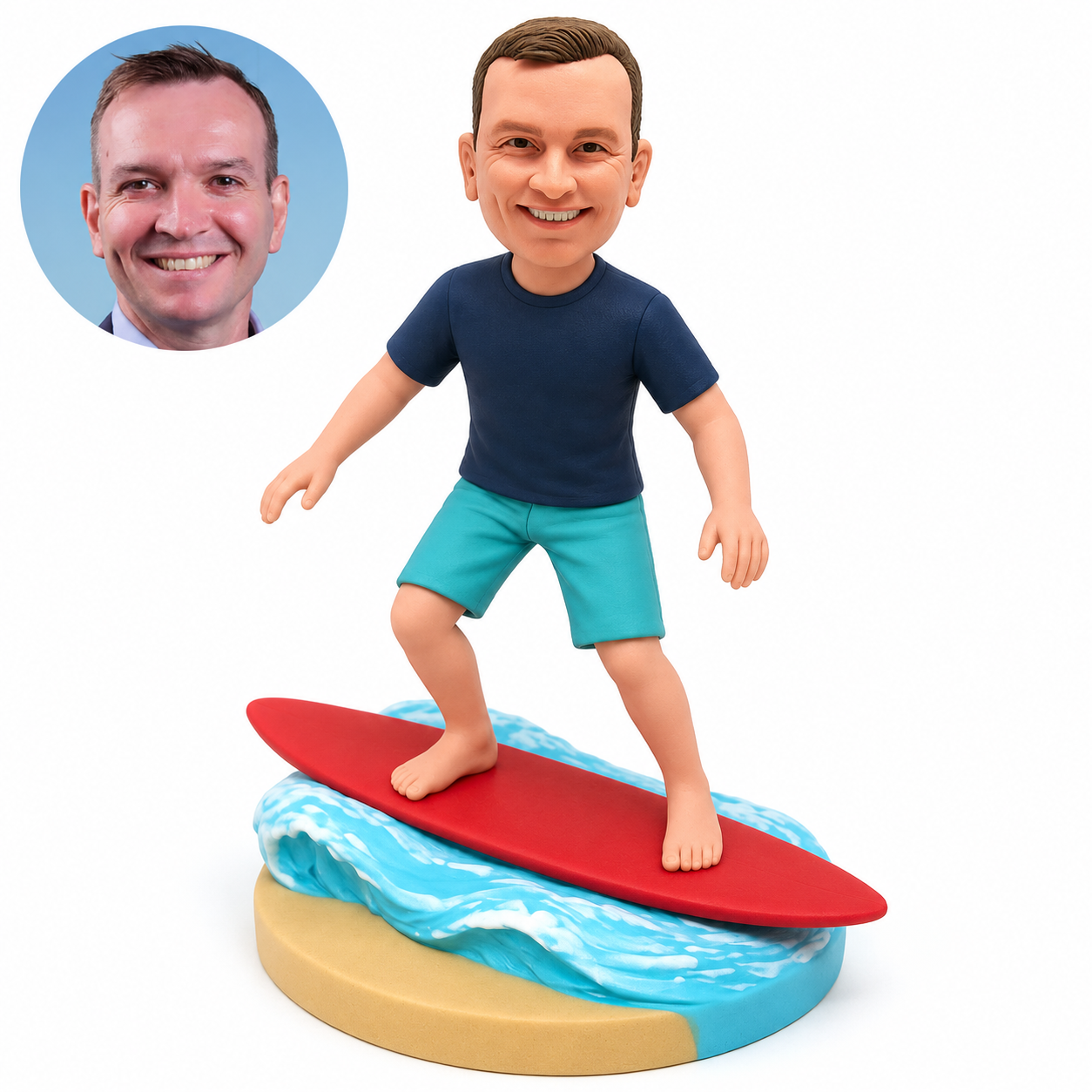 Custom bobblehead figure man surfing upright on a red board over a shallow wave