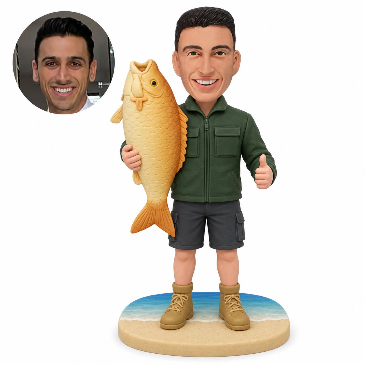 Custom bobblehead fisherman holding a giant golden fish upright and giving a thumbs up