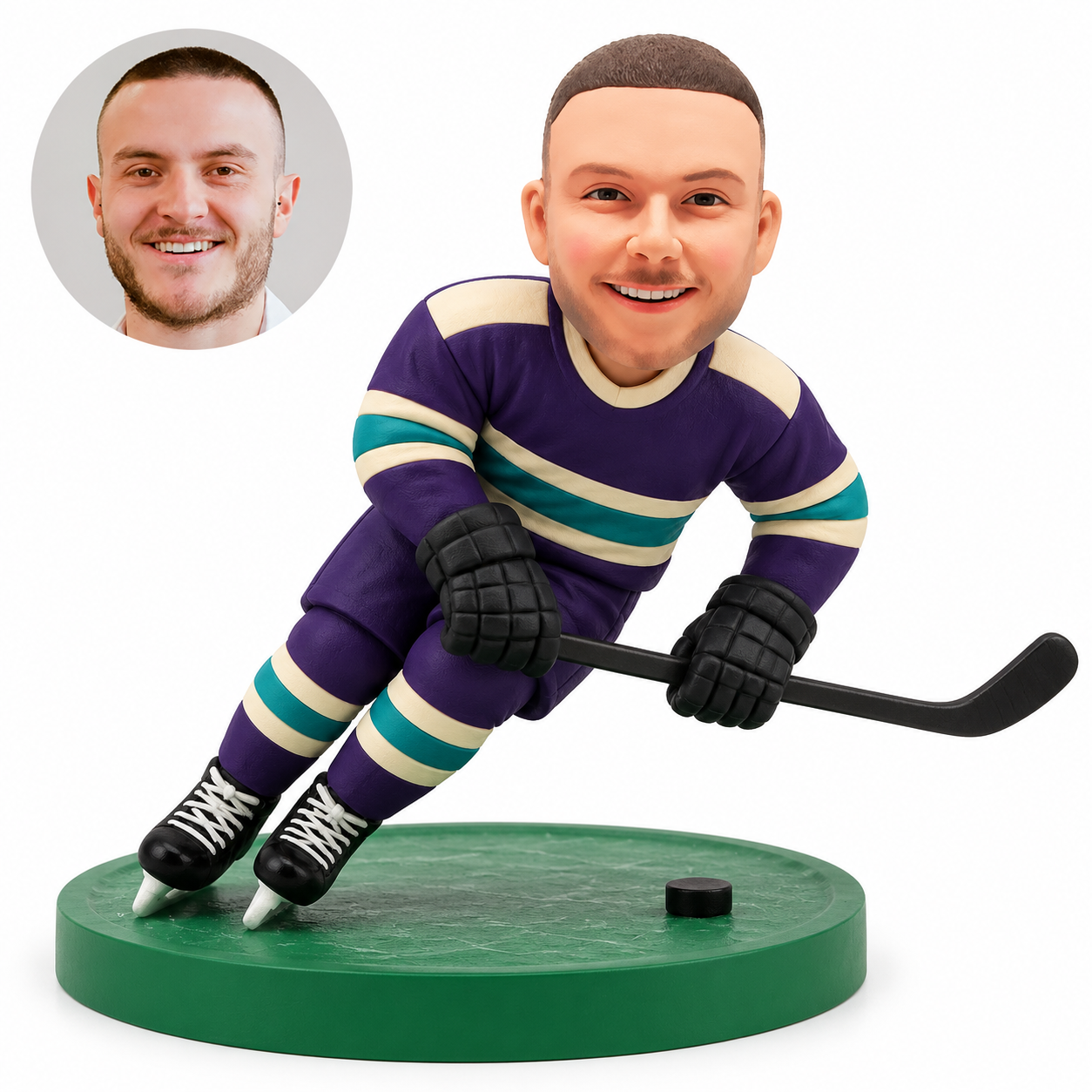 Custom clay ice hockey forward banking sharply with both skates together and a horizontal stick