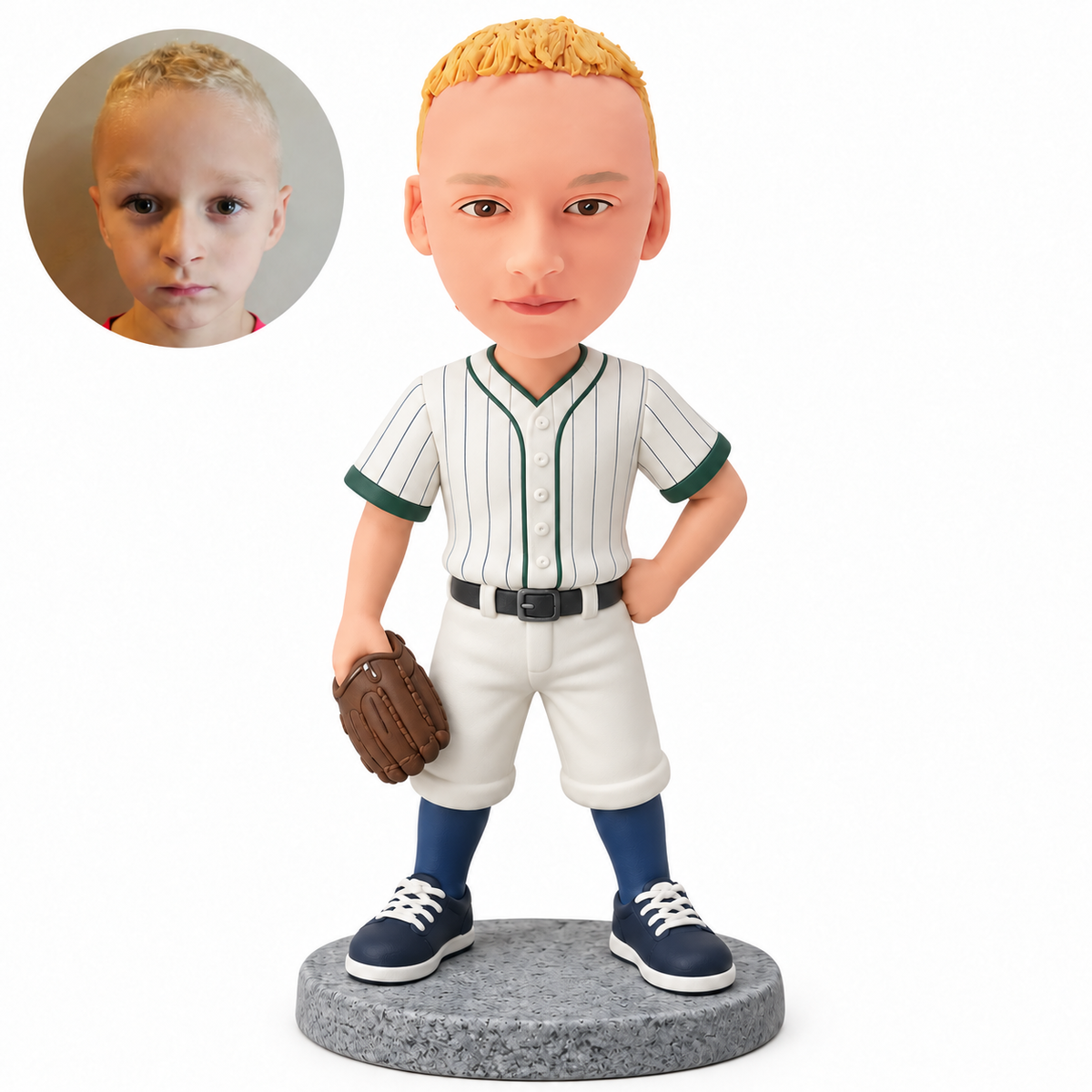 Custom child baseball player bobblehead with glove at side and hand on hip