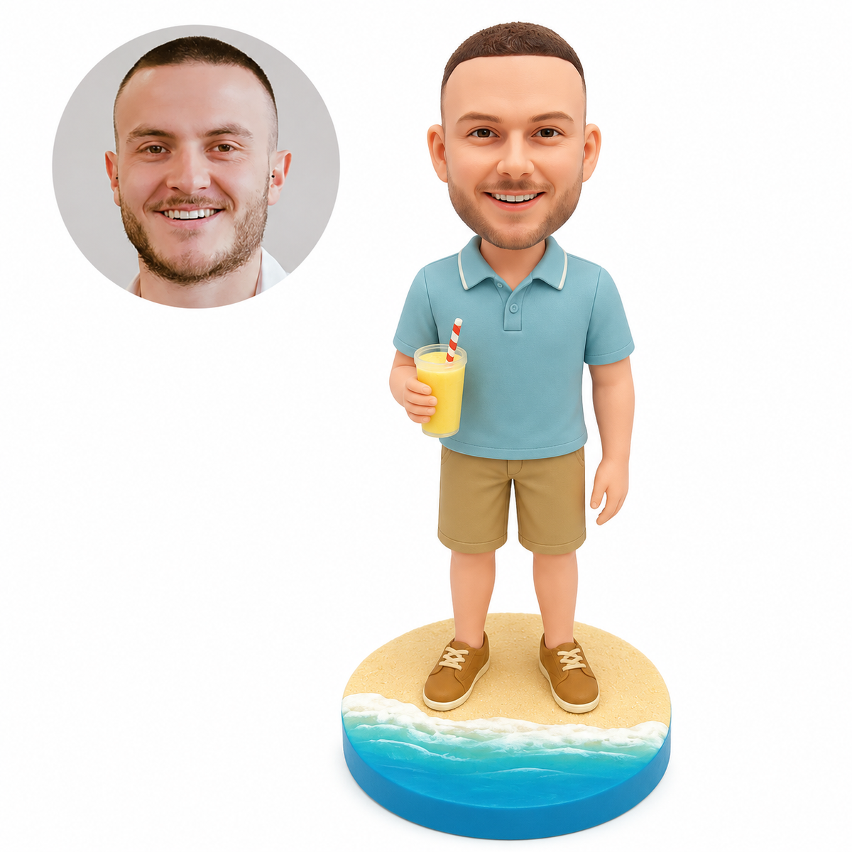 Custom bobblehead figure man holding a summer drink on a beach wave base