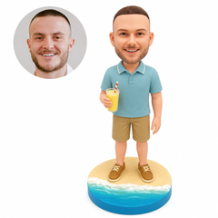 Custom bobblehead figure man holding a summer drink on a beach wave base