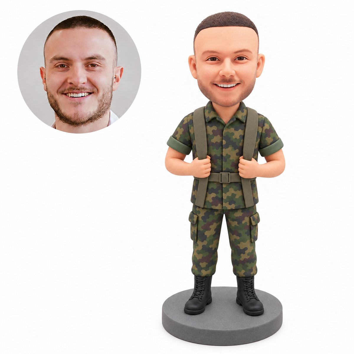 Custom camouflage officer soft-clay bobblehead gripping two shoulder harness straps