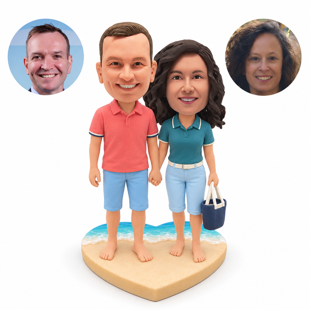 Clay bobblehead beach couple holding hands with a tote on heart shaped sandy base