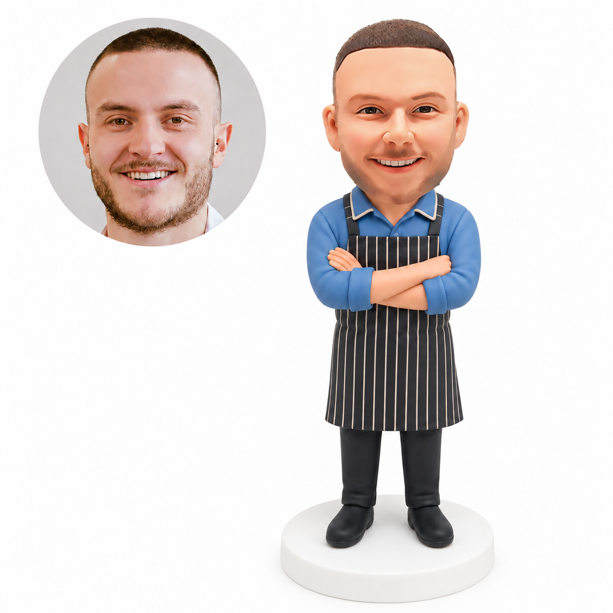 Custom male chef bobblehead with folded arms and striped apron