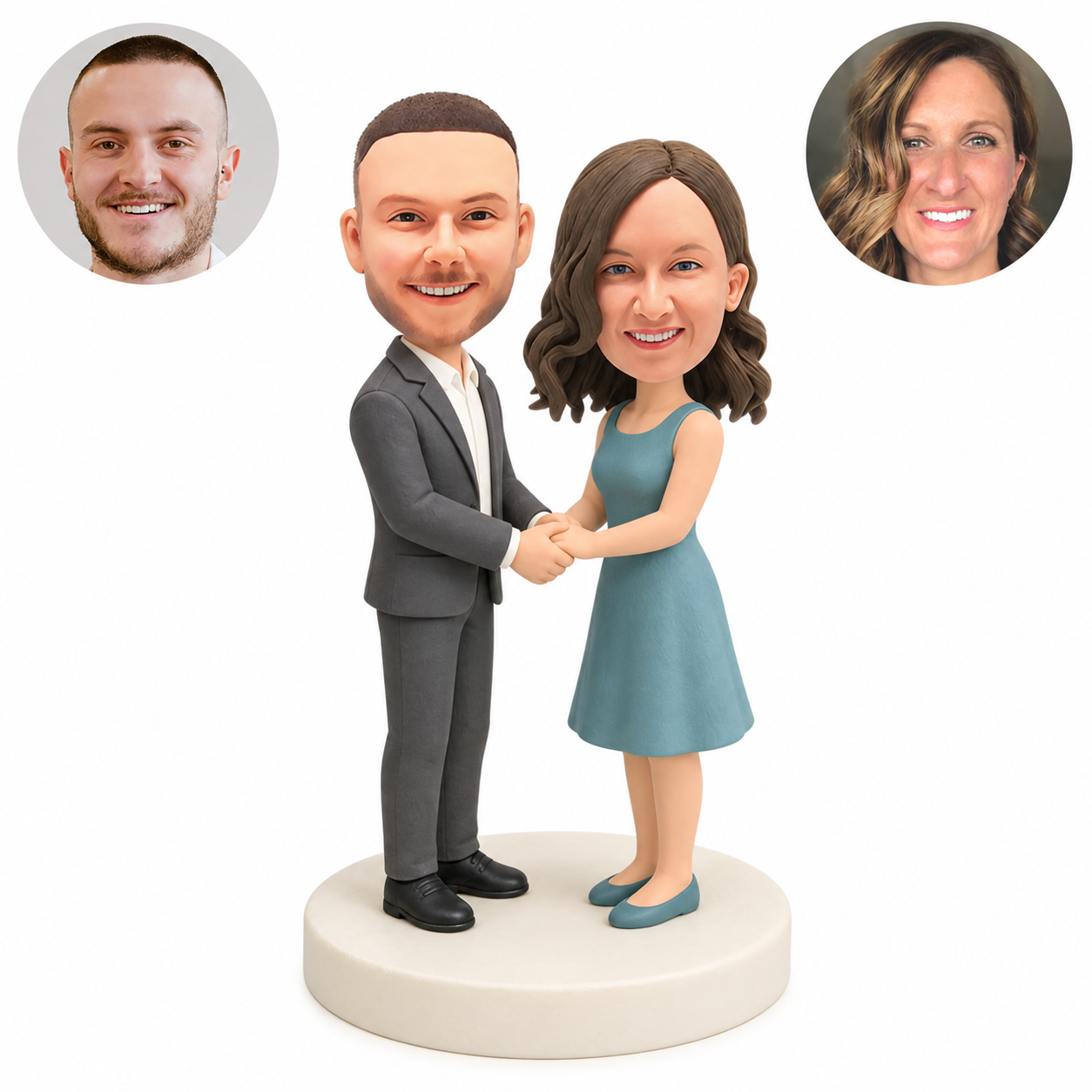 Custom bobblehead couple facing each other and clasping both hands