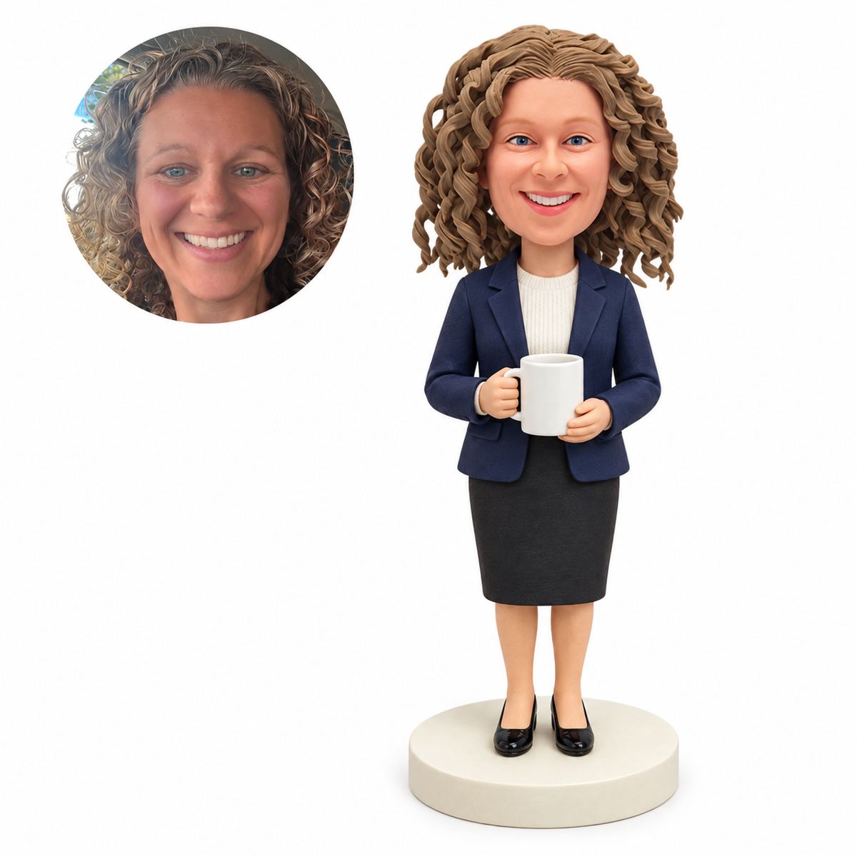 Custom bobblehead woman in blazer holding a mug with both hands