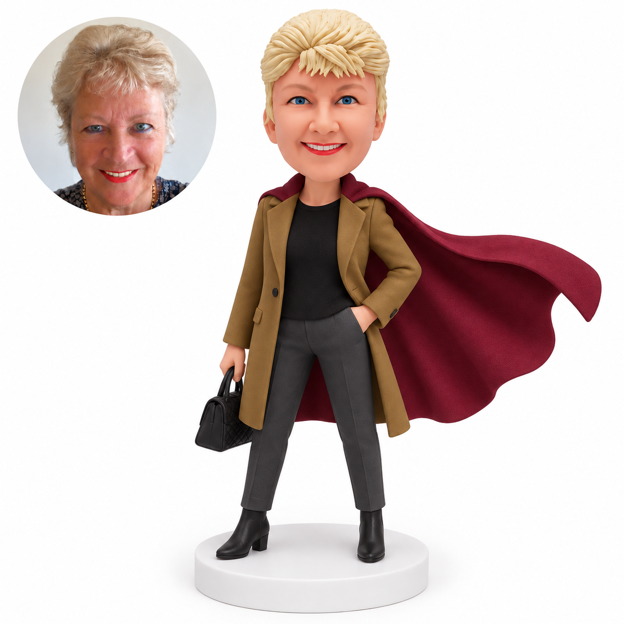 Custom clay bobblehead older woman in long trench coat with handbag and flowing burgundy cape