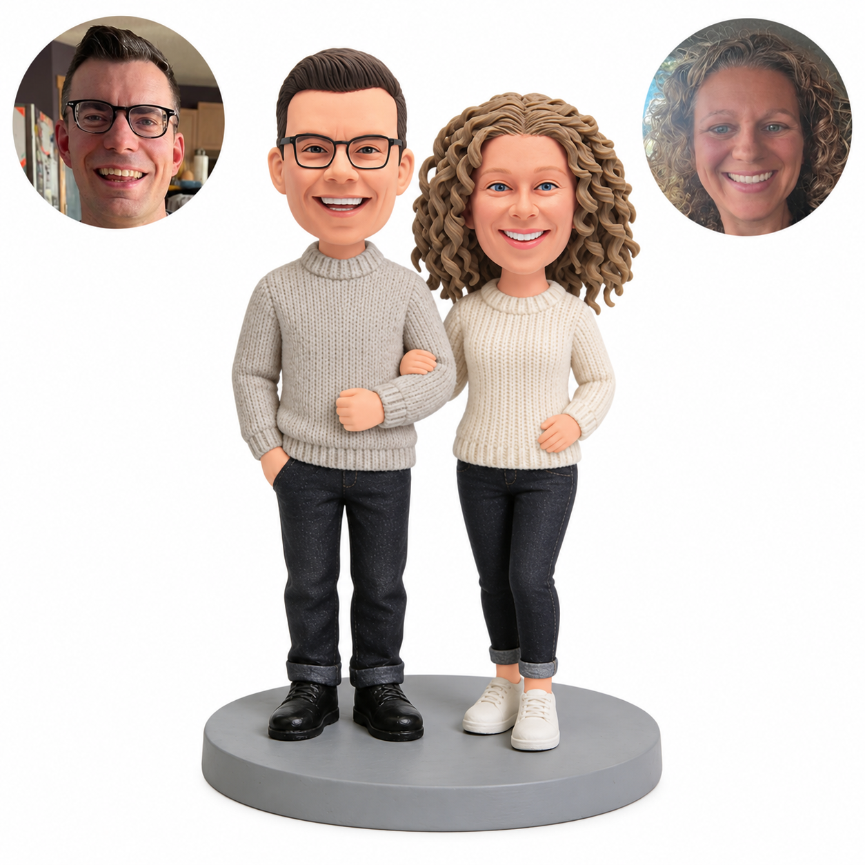 Custom bobblehead figures couple linking arms in matching ribbed sweaters