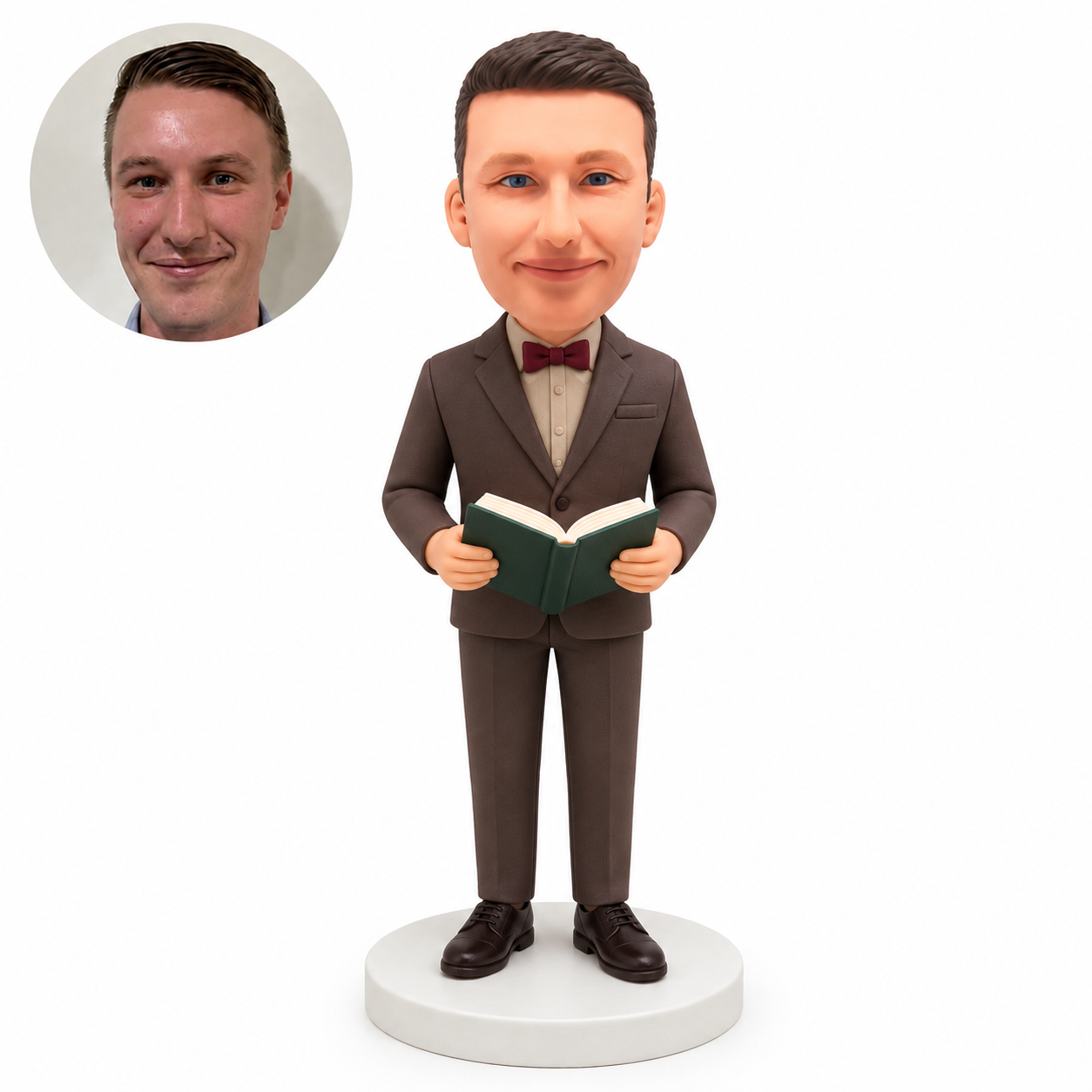 Custom bobblehead figure professor in a brown suit reading an open book