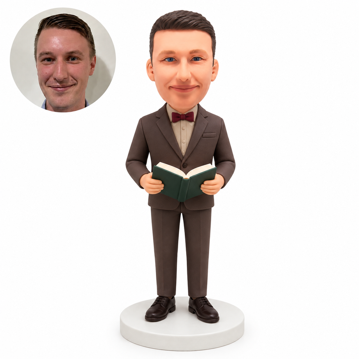 Custom bobblehead figure professor in a brown suit reading an open book