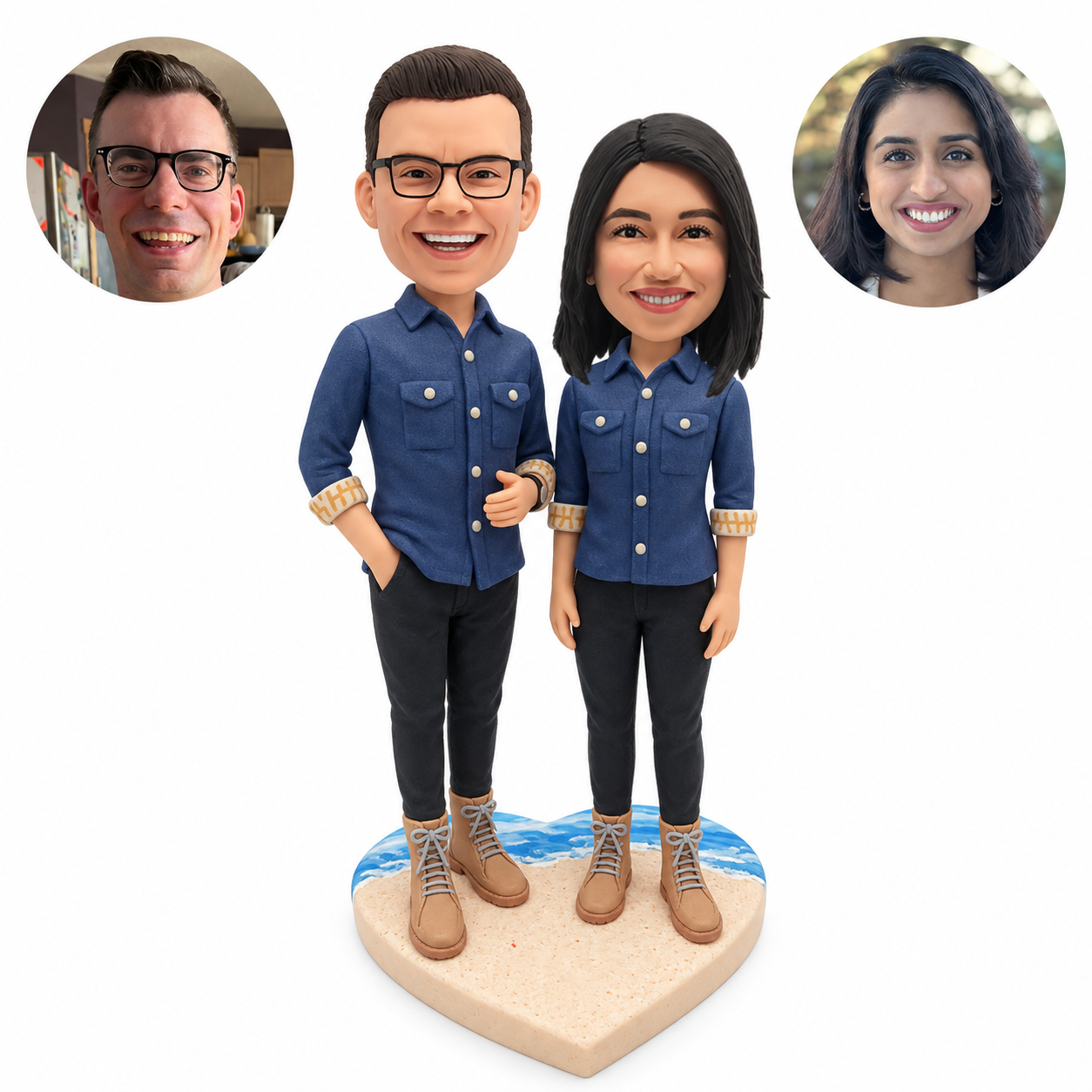 Custom bobblehead couple in matching slate-blue shirts and lace-up boots on a heart-shaped beach base