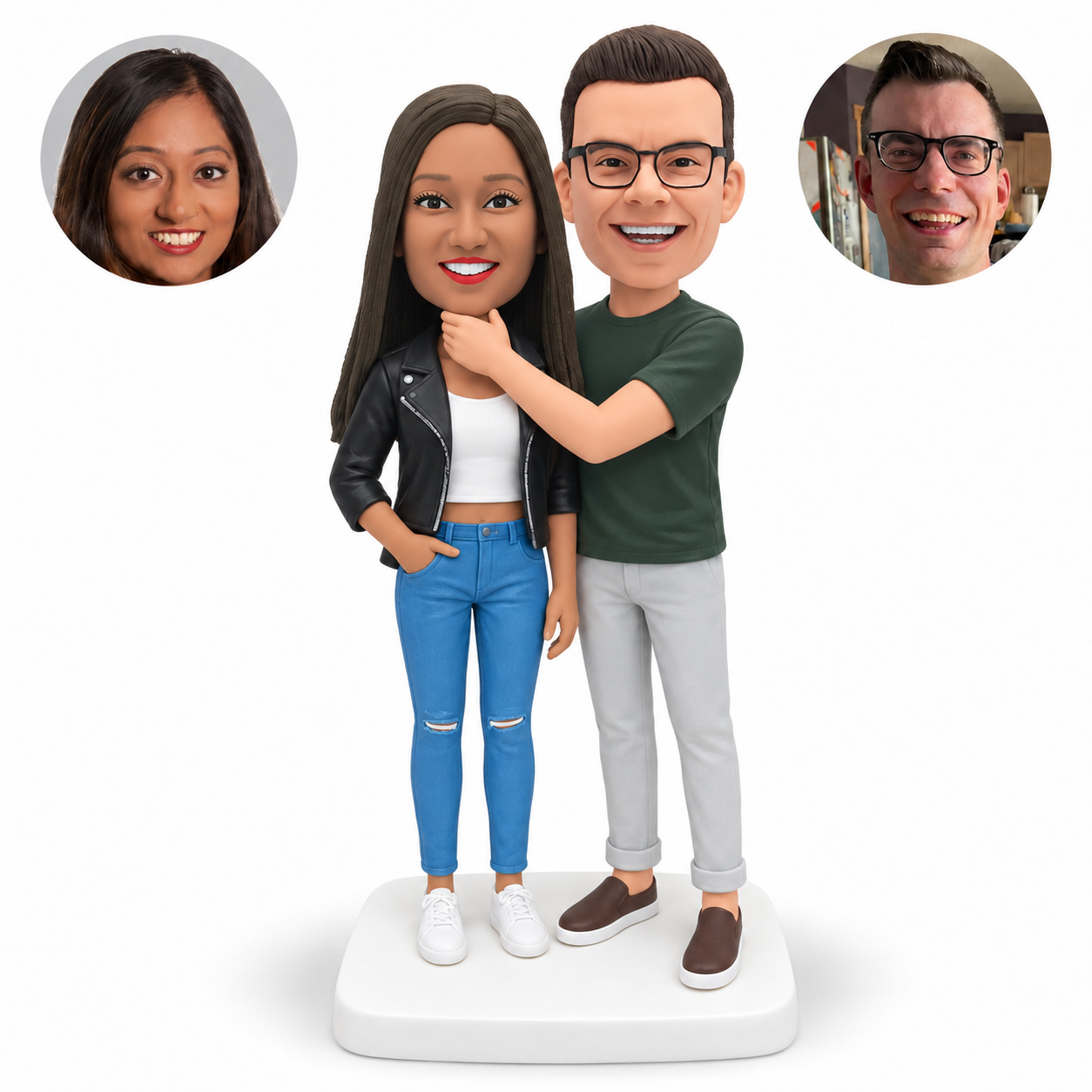 Custom clay bobblehead couple with a man in a green T-shirt gently touching the womans chin and her hand in a jeans pocket