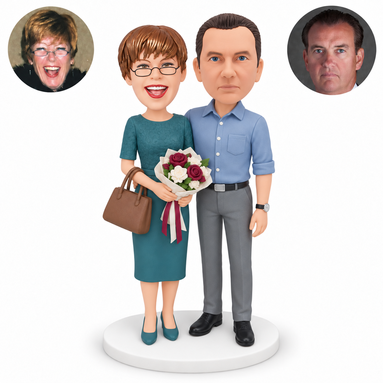 Custom clay bobblehead couple with a woman holding a wrapped rose bouquet and a separate brown handbag, beside a man in a blue shirt