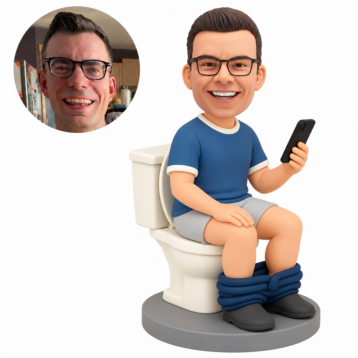 custom bobblehead figure man seated on a toilet raising a phone in his left hand