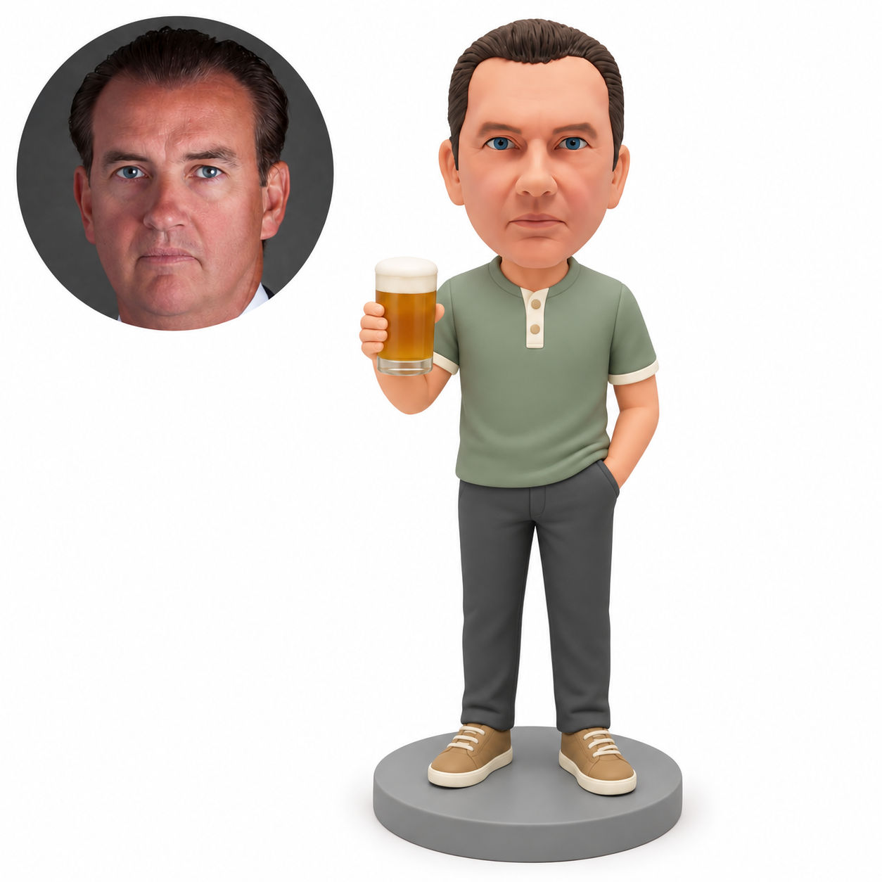 Custom polymer clay man raising a handleless beer glass in his right hand, with his left hand in a trouser pocket, matching circular real portrait and a plain round base.