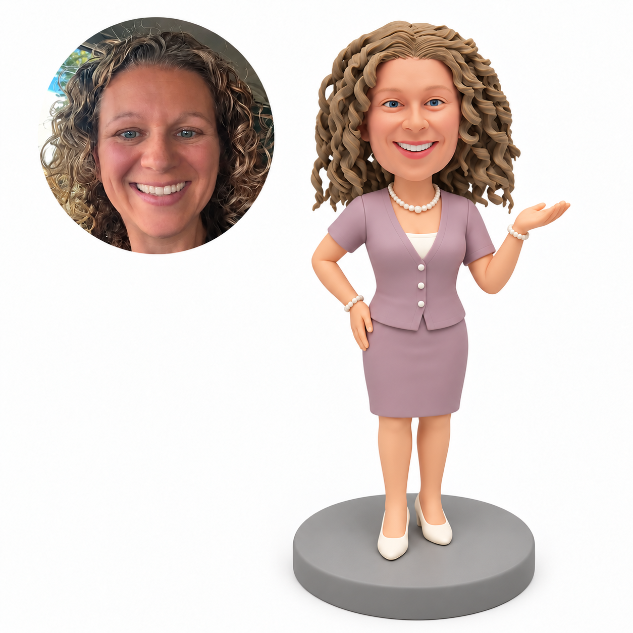custom bobblehead figure woman raising her left open palm with her right hand on her hip