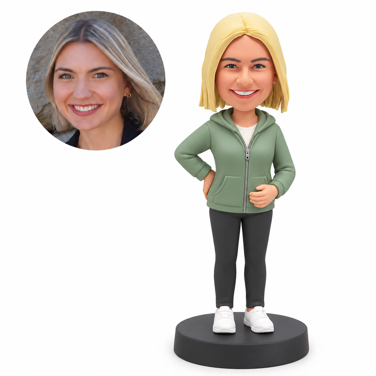 custom bobblehead figure woman with her right hand on her hip and left empty hand held forward