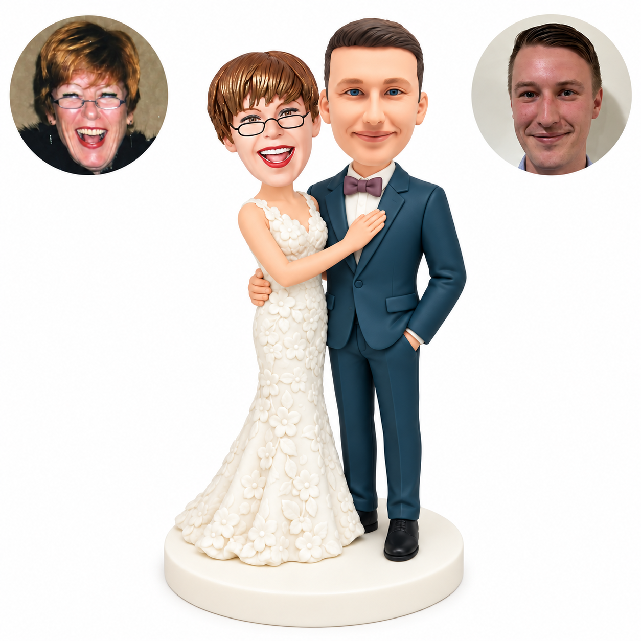 custom bobblehead figures wedding couple with her right hand on his chest and his left hand in a pocket
