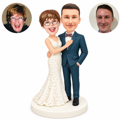 custom bobblehead figures wedding couple with her right hand on his chest and his left hand in a pocket