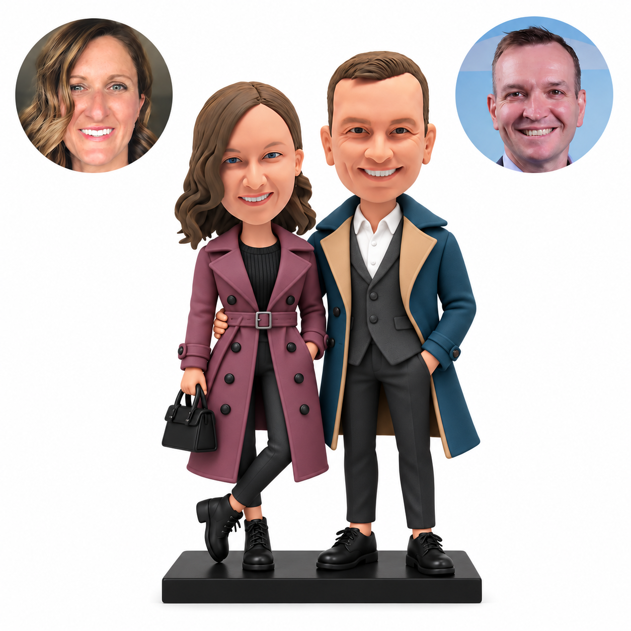 Custom polymer-clay couple in long coats, her handbag and bent crossed leg, his arm around her waist, MGA-AC1783