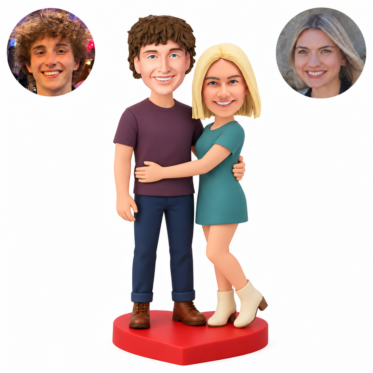 Custom polymer-clay couple with her hand low across his waist and his outer arm lowered, on a red heart base, MGA-AC1785