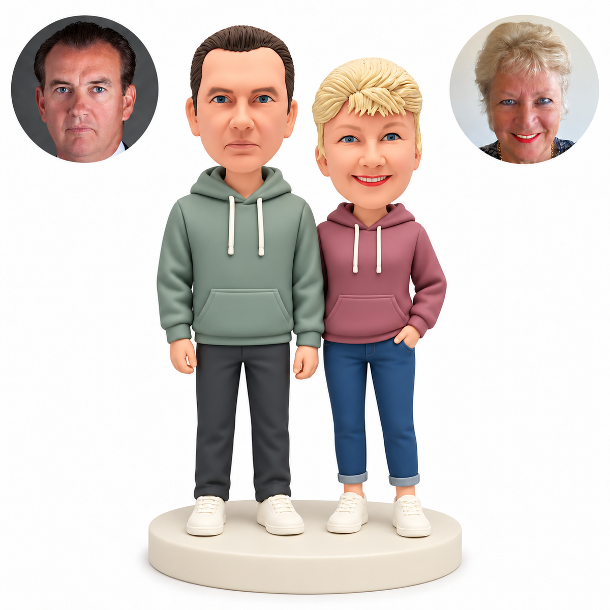 Custom clay couple in hoodies with the man’s empty hands lowered and the woman’s left hand in her trouser pocket, with paired photo references