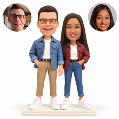 Custom clay couple in casual jackets, outer hands in trouser pockets, his inner empty arm lowered, four white sneakers on a rectangular base, paired reference photos — MGA-AC1788