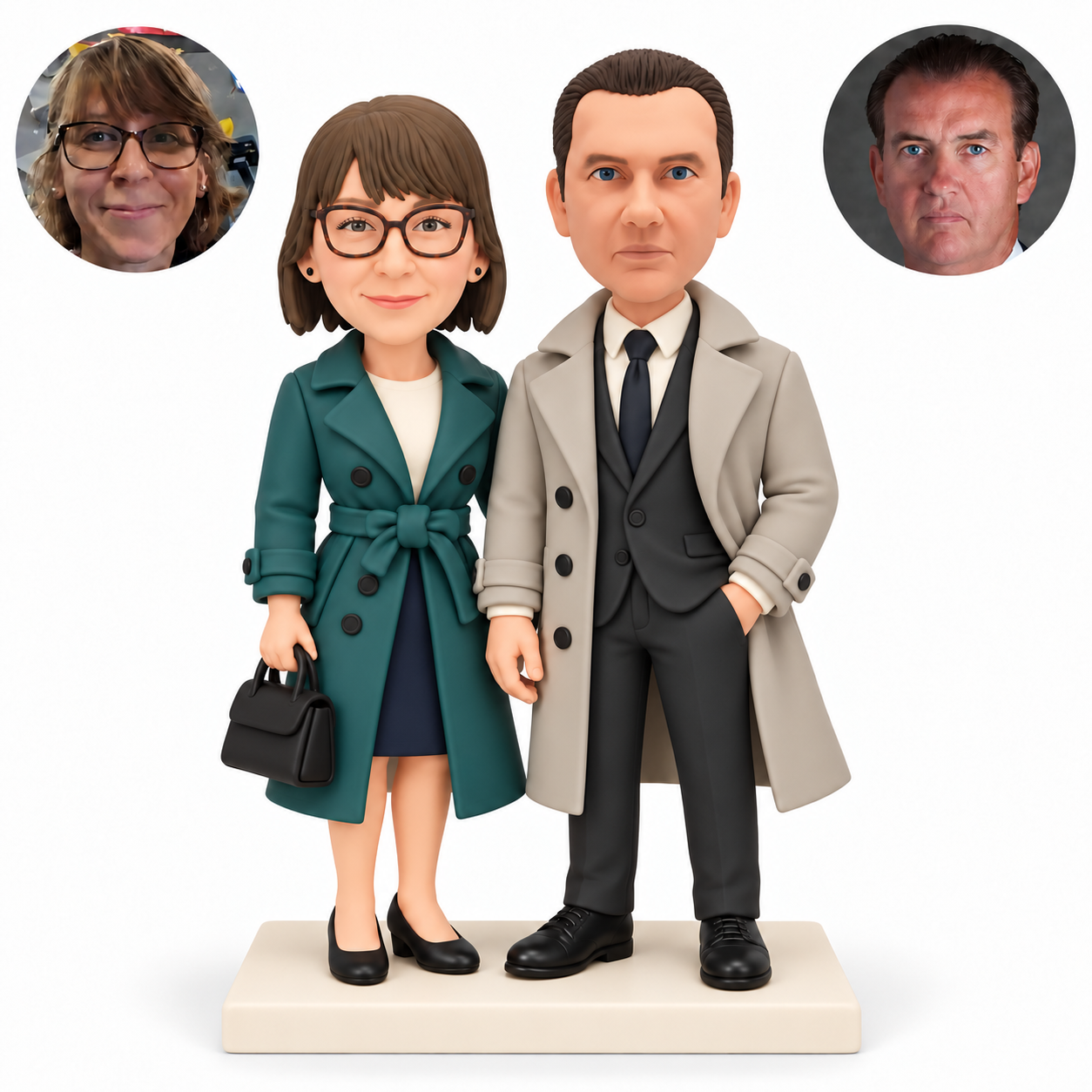 Custom clay coat couple, woman on left carrying a black handbag, man on right with left hand in a trouser pocket and empty right arm lowered, paired real photo circles — MGA-AC1789