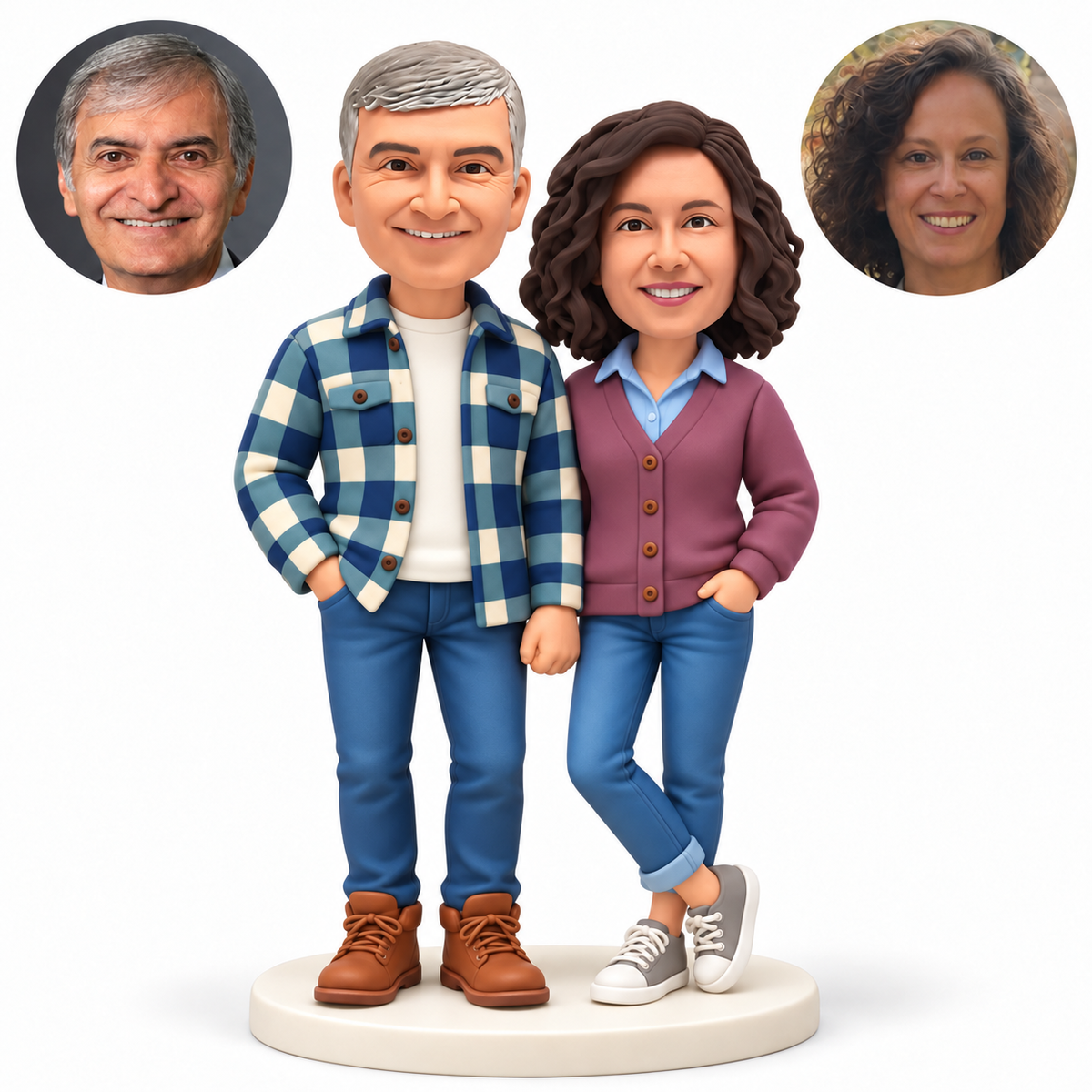 Custom clay couple with outer hands in trouser pockets, her ankles crossed and one sneaker heel raised on its forefoot, his plaid jacket and brown boots, paired real photos — MGA-AC1790