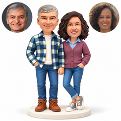 Custom clay couple with outer hands in trouser pockets, her ankles crossed and one sneaker heel raised on its forefoot, his plaid jacket and brown boots, paired real photos — MGA-AC1790
