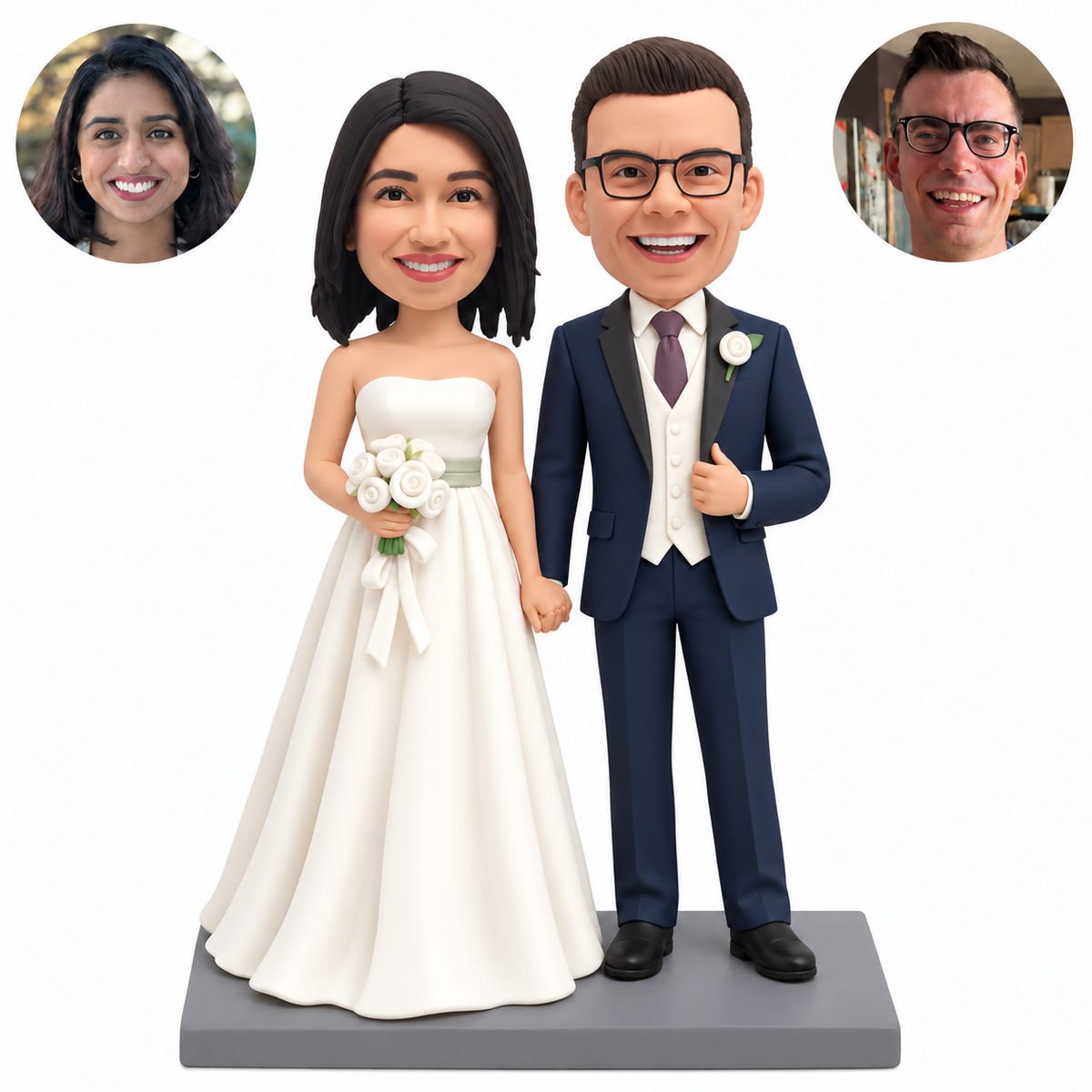 Custom clay wedding couple holding hands low, bride with white rose bouquet and groom with left hand at his own jacket, with original clay heads and matched real-photo circles. MGA-AC1793.
