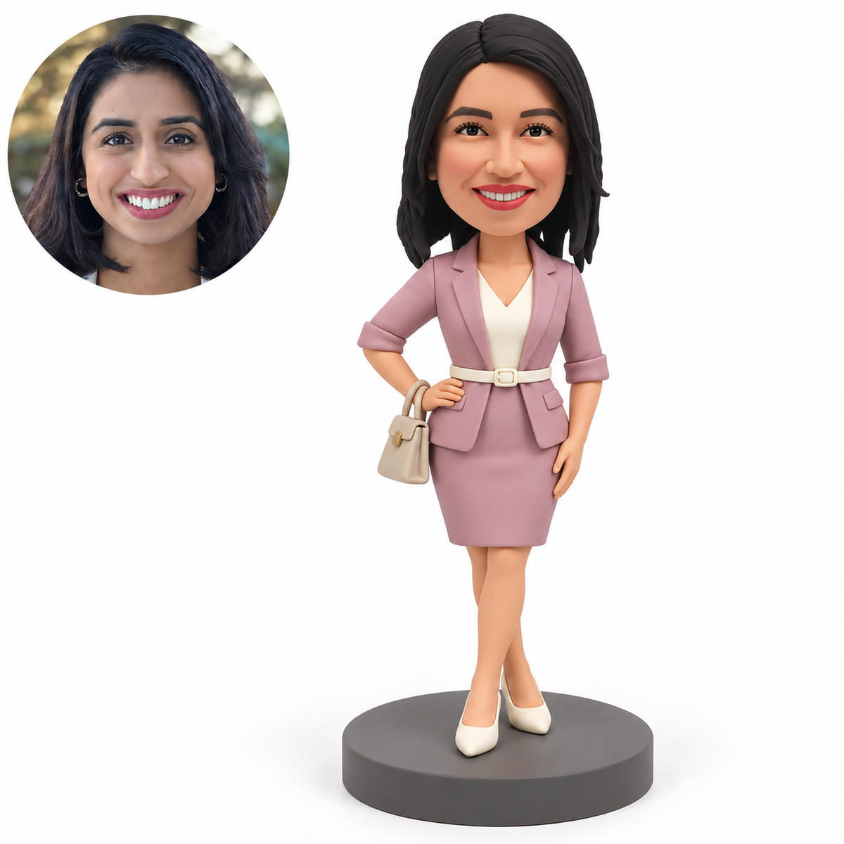 custom bobblehead figure woman with a wrist handbag and crossed ankles