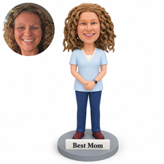 custom bobblehead figure mom with folded hands and a raised best mom plaque